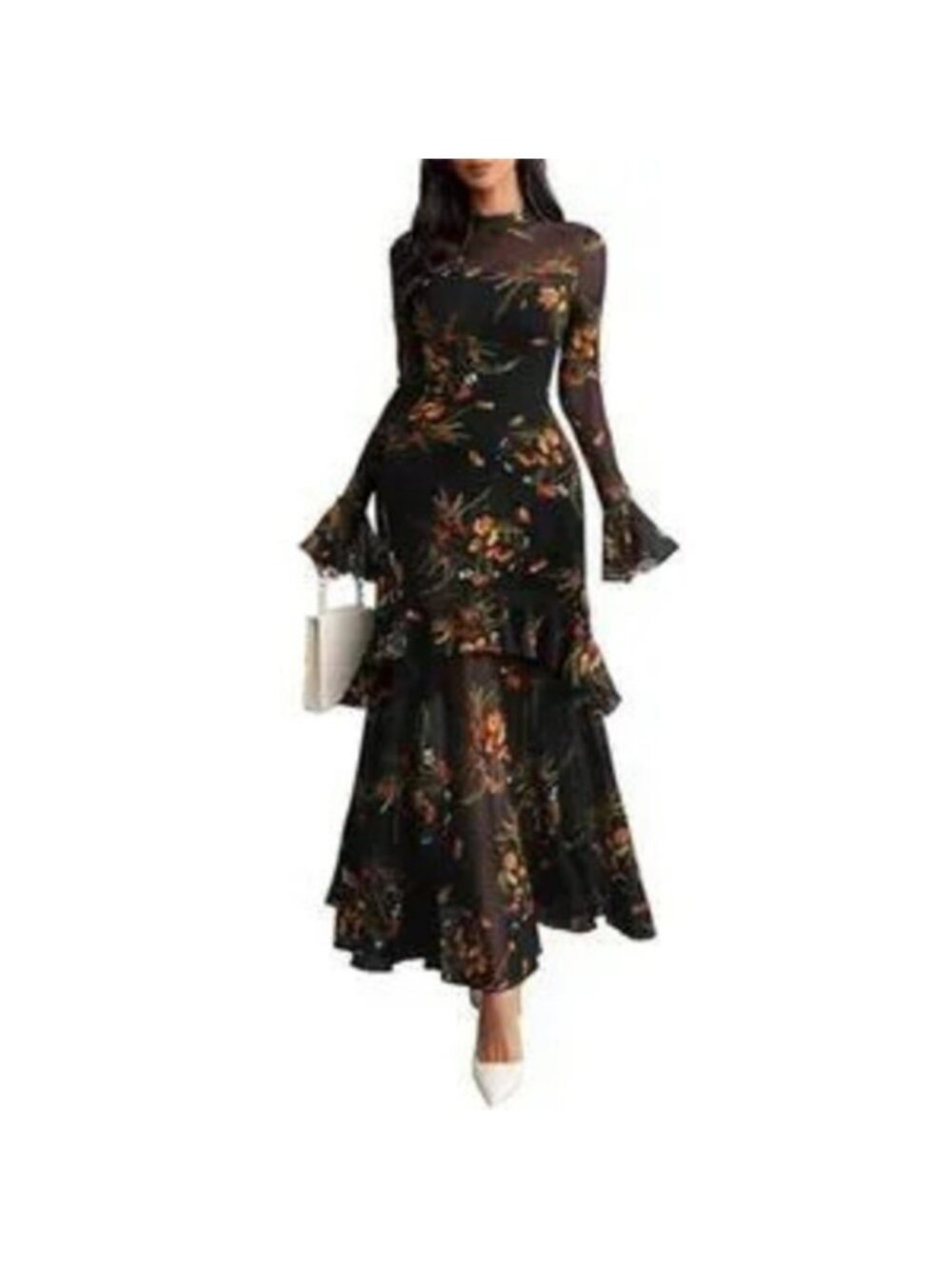 Women's Floral Maxi Dress Sheer Mesh Bell Sleeve Tiered Ruffle Gothic Long Dress